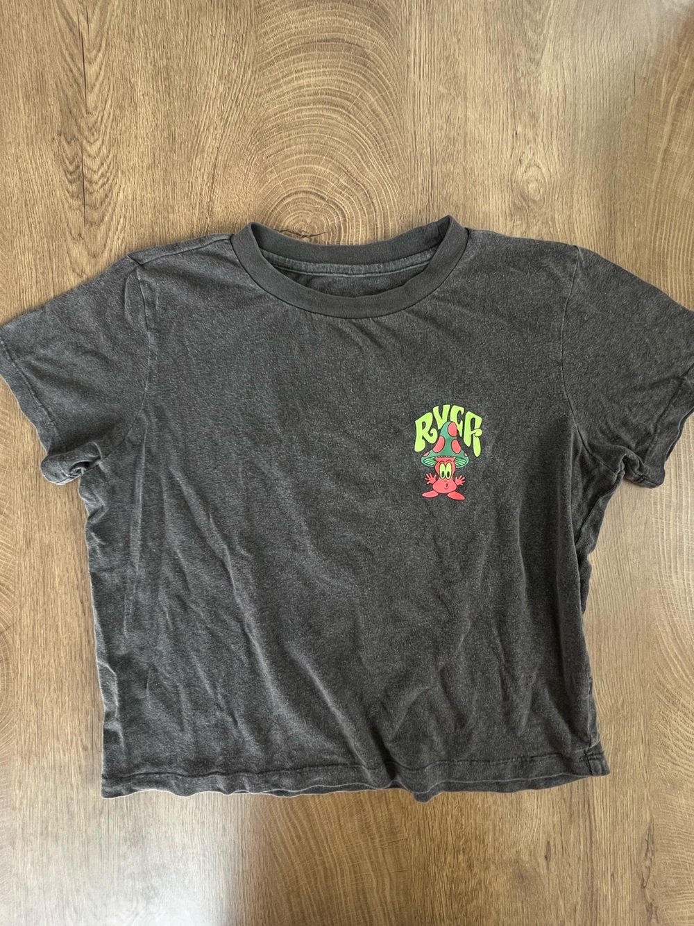 RVCA Black Short Sleeve Tee with Neon Green & Red Logo